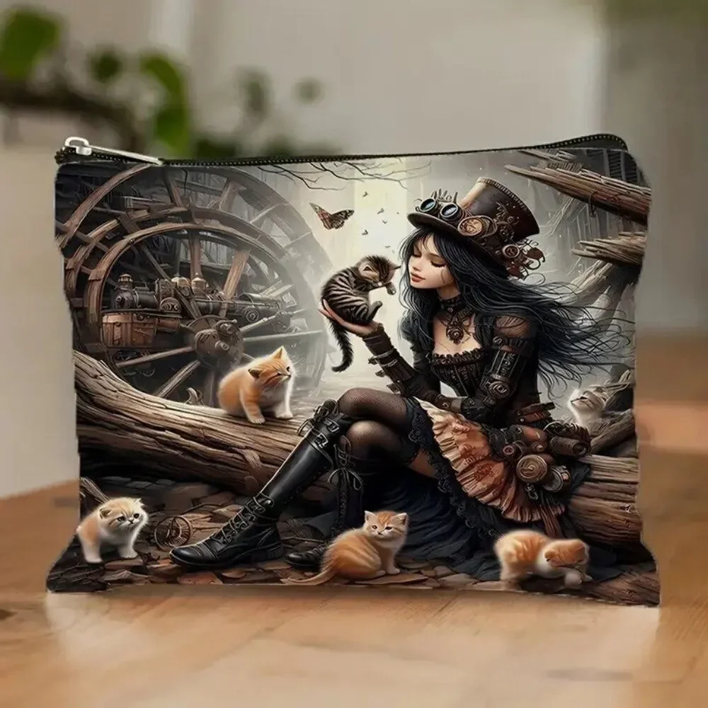 Gothic Style Cat & Steampunk Mechanical Design Steampunk Makeup / Cosmetic Bag